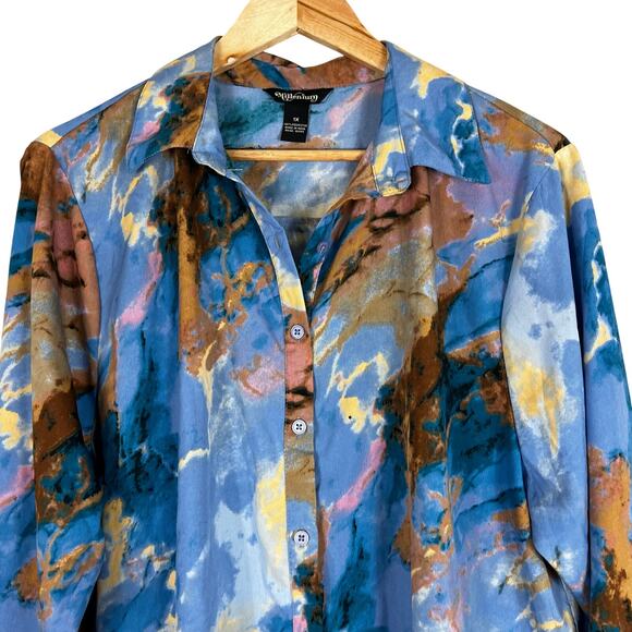 Millenium Button Down Shirt Womens LX Blue Abstract Lightweight Artsy Indie - Picture 2 of 5